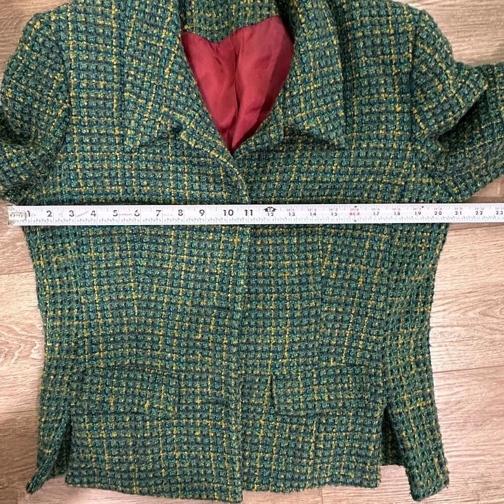 Vintage 90s Esprit Green Yellow Tweed Blazer Mini Skirt Suit Set Size 5/6 Small
